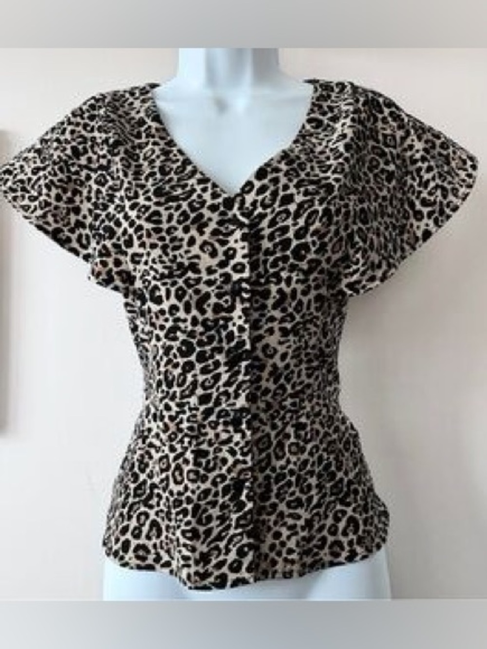 Trixxi Leopard Print V-Neck Button Front Top - Black & Cream